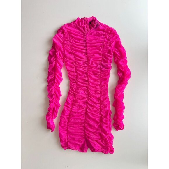 ADIDAS x IVY PARK Hot Pink Sheer Ruched Mesh Long Sleeve Romper, Size M - Picture 2 of 16